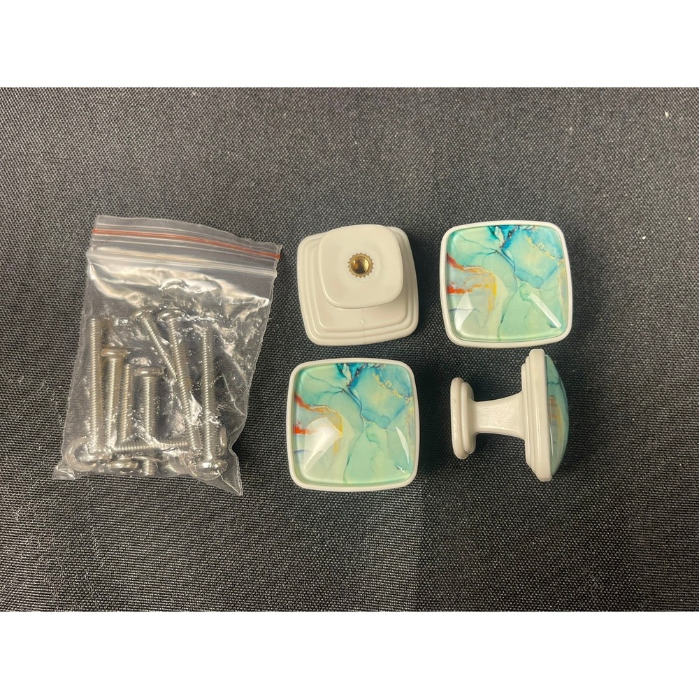 4pc Square Marble Abstract Cabinet Knobs‎ Teal Gold White Drawer Pulls Hardware